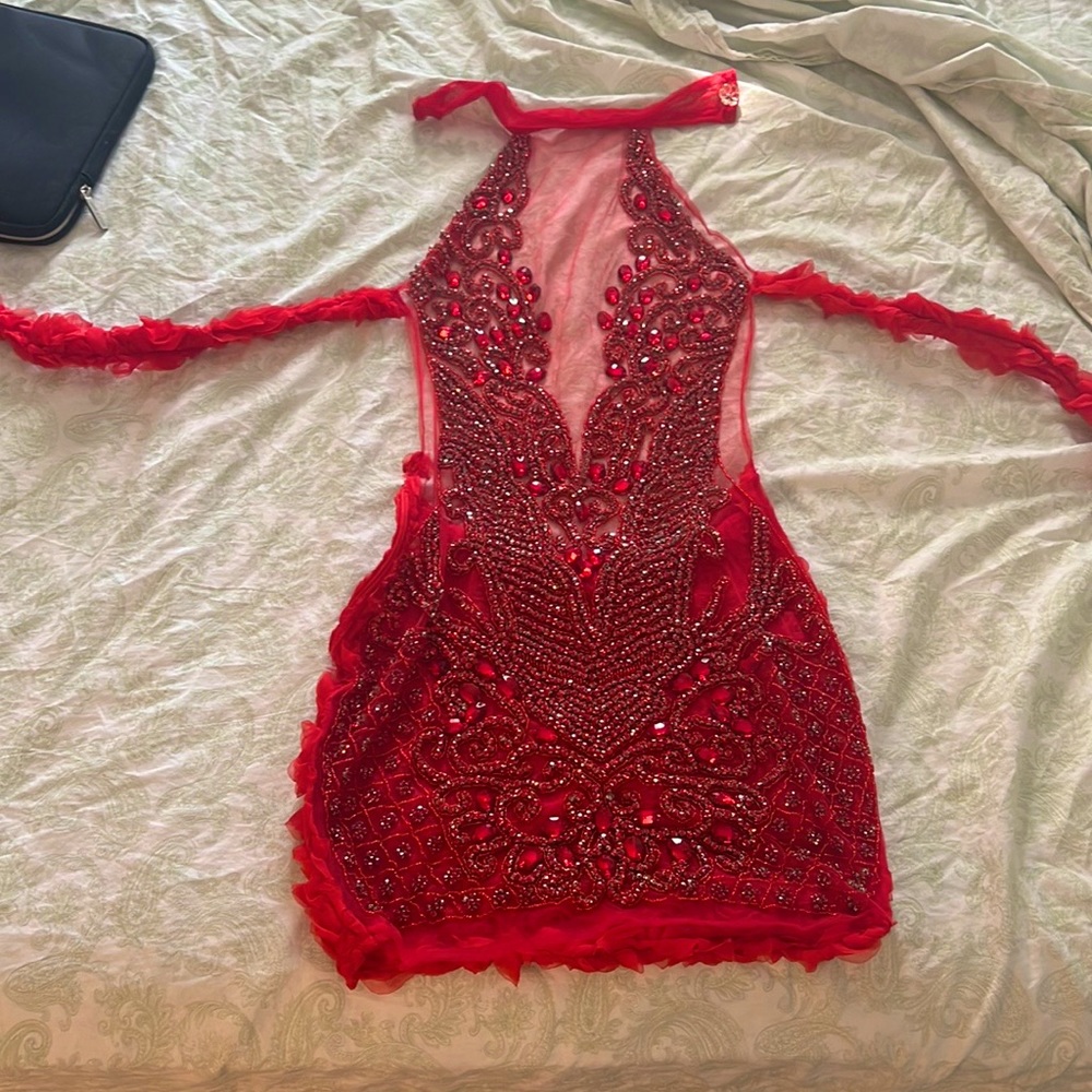 Custom Made Red Mesh Jeweled Dress